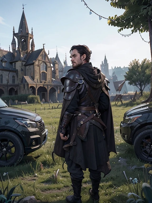  Cartoon style pictures ，(European men),midnight，Overall black tone， Characters take up one fifth，Create dystopian masterpieces, Game of Thrones movie scenes, The whole character is dressed in Game of Thrones style, Rugged full body armor and cloak， The background is the medieval manor farmland，river，farmer，Face covering，Can&#39;t see the face，Face in the shadows，With hood，Strong man, strong, shabby, ((Turn your back to the audience)), Photos taken from a distance, 