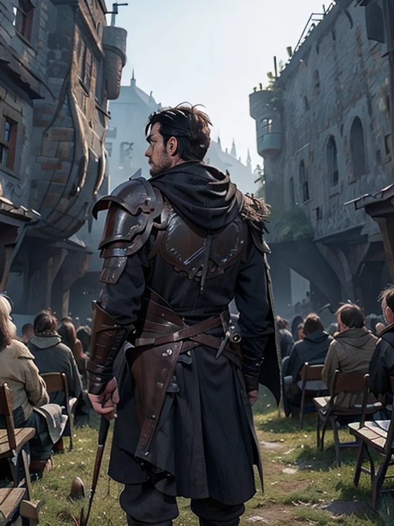 Cartoon style pictures ,(European men),midnight,Overall black tone, Characters take up one fifth,Create dystopian masterpieces, Game of Thrones movie scenes, The whole character is dressed in Game of Thrones style, Rugged full body armor and cloak, The background is the medieval manor farmland,river,farmer,Face covering,Can't see the face,Face in the shadows,With hood,Strong man, strong, shabby, ((Turn your back to the audience)), Photos taken from a distance,