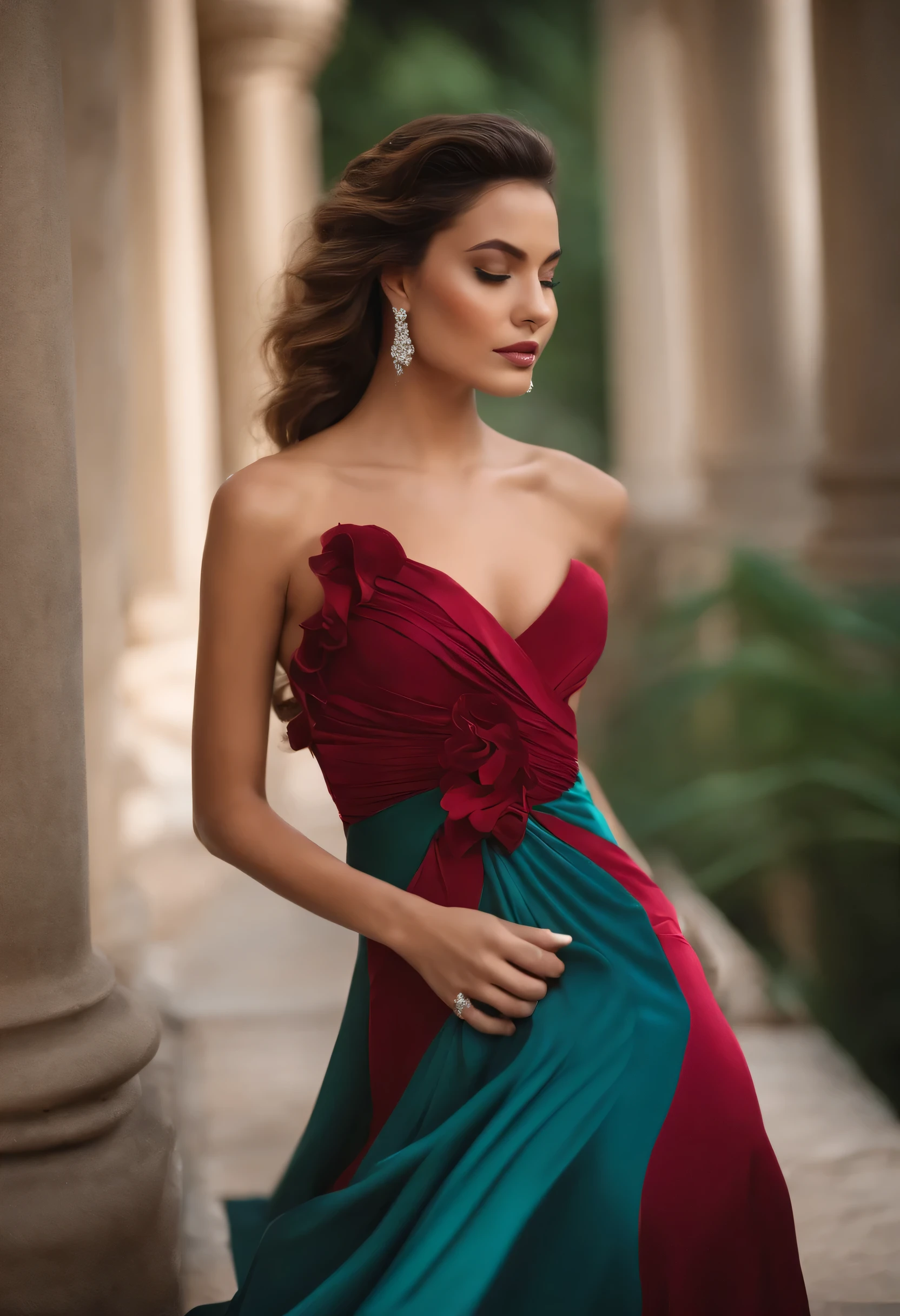 vestido longo com fenda lateral com babados e drape