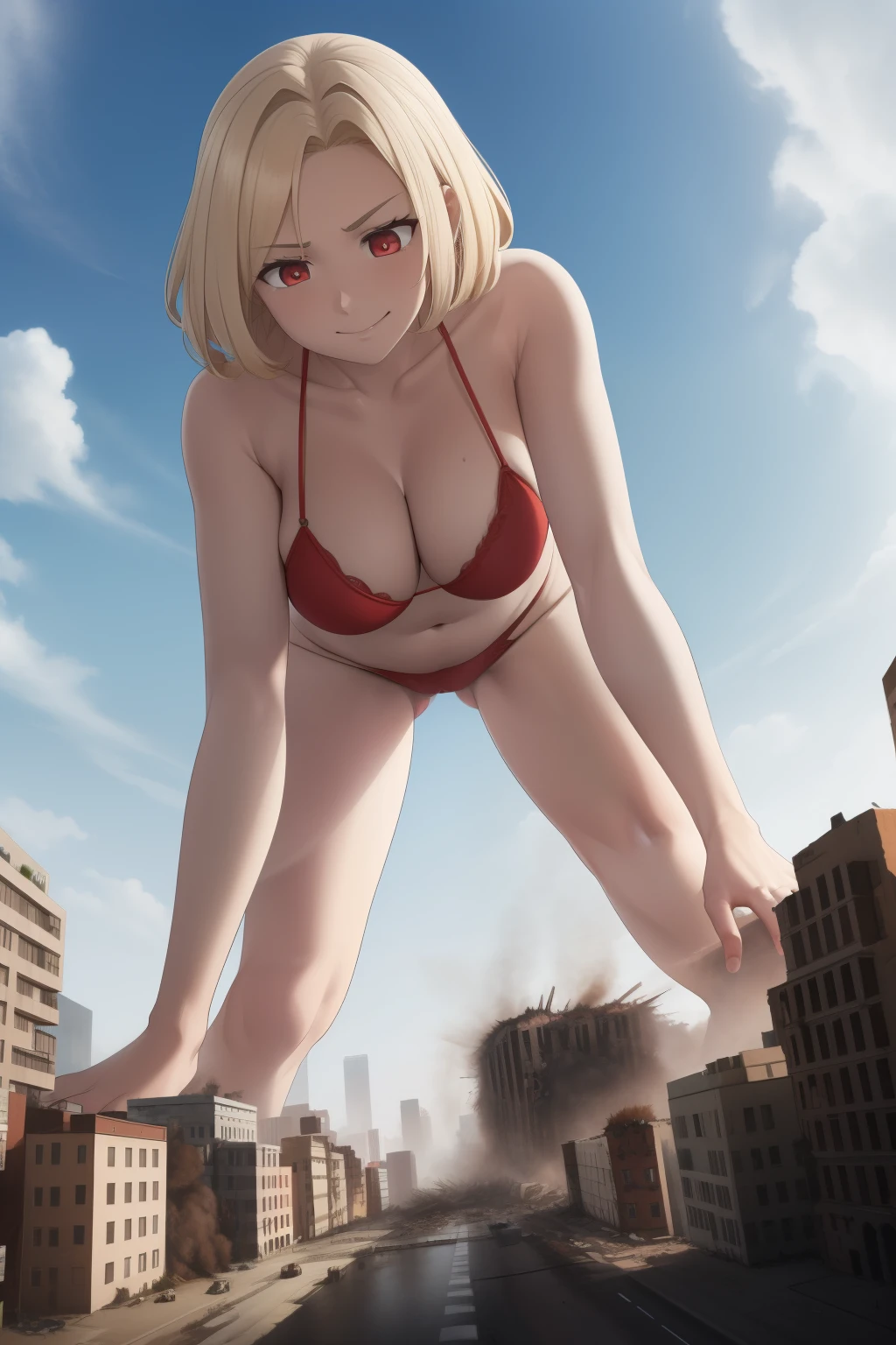 ((best quality)), ((highly detailed)), masterpiece, absurdres, (detailed eyes, deep eyes), (1girl), red eyes, short blonde hair, spiky hair,smiling, bikini, breasts,  milf, mature woman, zoomed out, distant view,
perfect arms, perfect hands, perfect face, perfect legs, perfect thighs, perfect feet
ground view, from below, groundview, low angle, crawling, on all fours, all fours, hands on the ground, looming, perspective , looking down, looking at the ground 
looking down:1.5, looking at the ground, unamused blue sky, lying on side, city, giga giantess, gts, giantess destroying a cityscape, destruction, rampage, huge craters, ravines, cracks in the ground, earthquake, smoke, fire, destroyed city, ruins, rubble, debris, crumbling, destroyed buildings, knocked over buildings, toppled skyscrapers, crumbling buildings, falling buildings, rampage in the city, destruction in the city destroyed cityscape