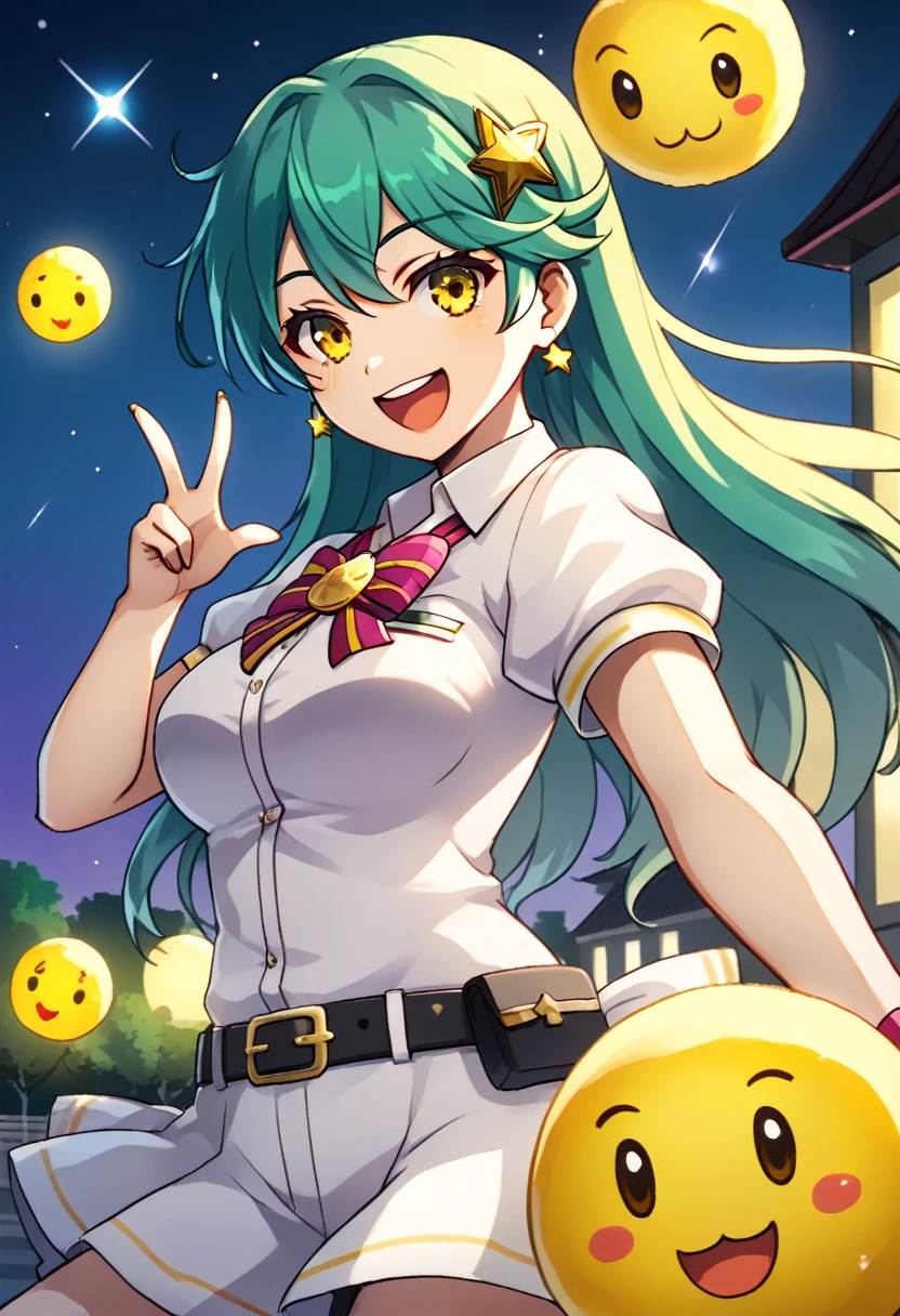 Girl with long dark turquoise hair, yellow eyes, yellow happy star pin in her hair, ((background: Tokyo at night))