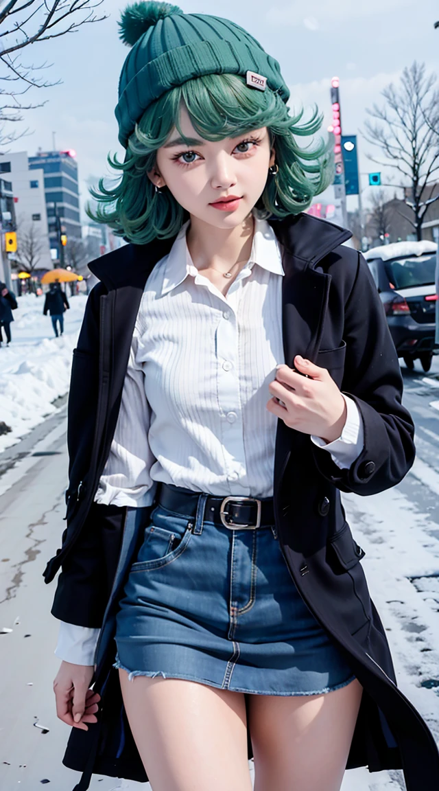 tatsumaki, green hair, perfect body, perfect breasts, wearing a beanie, wearing a winter jacket, wearing a duffle coat, carrying a bag, wearing a watch, wearing earrings, in public, creatures in Tokyo city, on the street, snow in road, it's snowing, looking at the viewer, a slight smile, realism, masterpiece, textured skin, super detail, high detail, high quality, best quality, 1080p, 16k