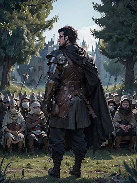 Cartoon style pictures ,(European men),midnight,Overall black tone, Characters take up one fifth,Create dystopian masterpieces, Game of Thrones movie scenes, The whole character is dressed in Game of Thrones style, Rugged full body armor and cloak, The background is the medieval manor farmland,river,farmer,(Face covering,Can't see the face,Face in the shadows,Wearing a helmet without showing the face,Strong man, strong, shabby), ((Turn your back to the audience)), Photos taken from a distance,
