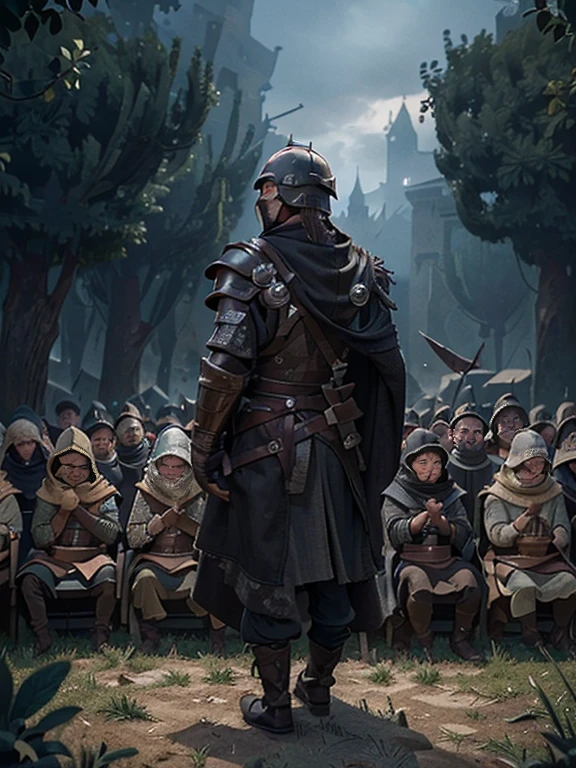 Cartoon style pictures ,(European men),midnight,Overall black tone, Characters take up one fifth,Create dystopian masterpieces, Game of Thrones movie scenes, The whole character is dressed in Game of Thrones style, Rugged full body armor and cloak, The background is the medieval manor farmland,river,farmer,(Face covering,Can't see the face,Face in the shadows,Wearing a helmet without showing the face,Strong man, strong, shabby), ((Turn your back to the audience)), Photos taken from a distance,