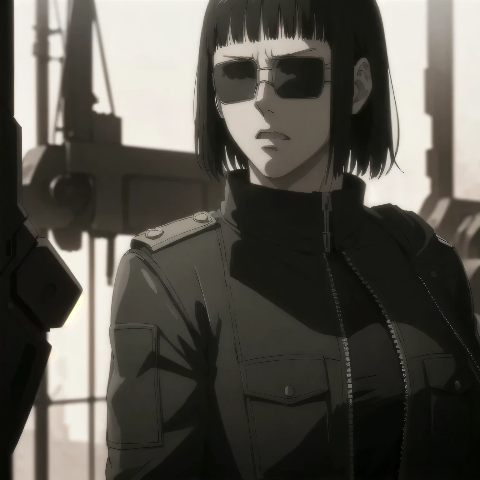 (best quality,ultra-detailed,realistic:1.37), , badass girl Sunglasses wearing Undershirt with leather jacket,, full review of the female character's face and body, intense expression, strong and confident posture, studio lighting, vivid colors, physiologically-based rendering, grungy texture, rugged background, dust particles in the air, commanding presence, professional, powerful, gritty aesthetics,,Valmet،short hair,