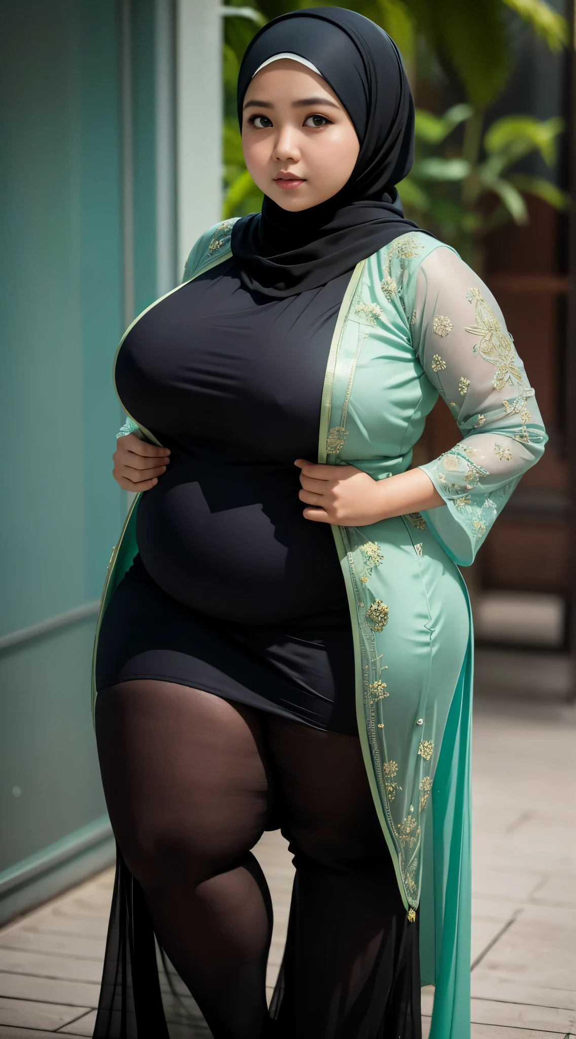 1 malay girl, modern plain hijab, shy, medium portrait, watery eyes, wearing pastel green kebaya, ((big breasts)), black bokeh background, well-proportioned body,, chubby massive thighs, full body pose