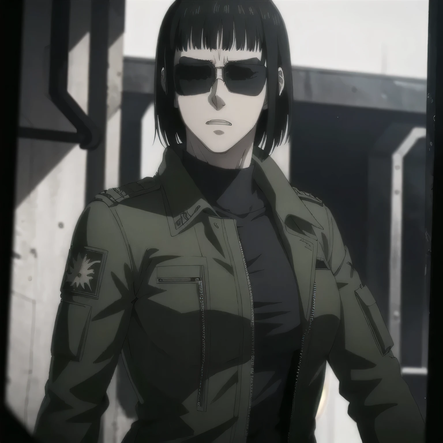 (best quality,ultra-detailed,realistic:1.37), , badass girl Sunglasses wearing Undershirt with leather jacket,, full review of the female character's face and body, intense expression, strong and confident posture, studio lighting, vivid colors, physiologically-based rendering, grungy texture, rugged background, dust particles in the air, commanding presence, professional, powerful, gritty aesthetics,,Valmet،short hair,
