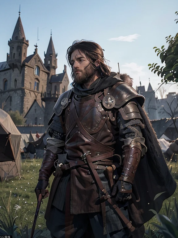 Cartoon style pictures ,(European men),midnight,Overall black tone, Characters take up one fifth,Create dystopian masterpieces, Game of Thrones movie scenes, The whole character is dressed in Game of Thrones style, Rugged full body armor and cloak, The background is the medieval manor farmland,river,farmer,(Face covering,Can't see the face,Face in the shadows,Wearing a helmet without showing the face,Strong man, strong, shabby), ((Turn your back to the audience)), Photos taken from a distance,