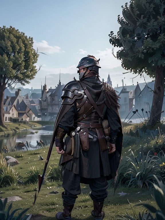 Cartoon style pictures ,(European men),midnight,Overall black tone, Characters take up one fifth,Create dystopian masterpieces, Game of Thrones movie scenes, The whole character is dressed in Game of Thrones style, Rugged full body armor and cloak, The background is the medieval manor farmland,river,farmer,(Face covering,Can't see the face,Face in the shadows,Wearing a helmet without showing the face,Strong man, strong, shabby), ((Turn your back to the audience)), Photos taken from a distance,