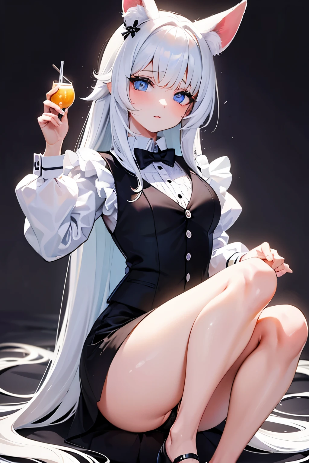 garota fofa, olhos cinza, cabelo branco, orelhas de raposa, rabo de raposa, usando roupa formal. olhar serio, pousando para a tela