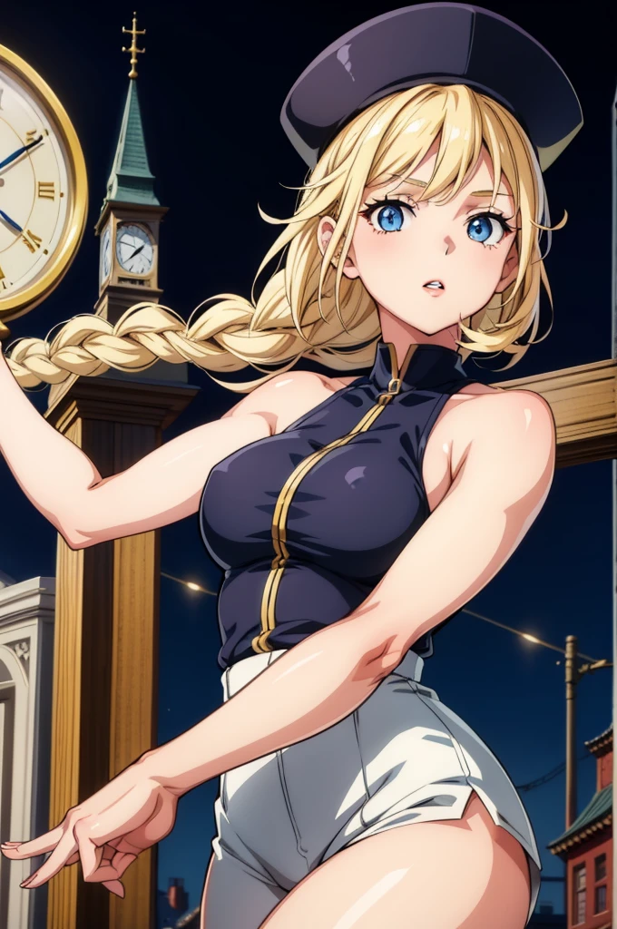 a beautiful cartoon girl posing on top of a pole with clock tower in the background, 1girl, solo, blonde hair, blue eyes, ???????, looking at viewer, sleeveless, upper body, braid, parted lips, hat, ???? shoulders, short hair, ??????????????, black headwear, ???? arms