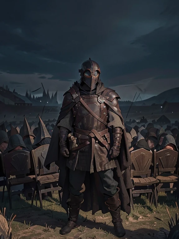 Cartoon style pictures ,(European men),midnight,Overall black tone, Characters take up one fifth,Create dystopian masterpieces, Game of Thrones movie scenes, The whole character is dressed in Game of Thrones style, Rugged full body armor and cloak, The background is the medieval manor farmland,river,farmer,(Face covering,Can't see the face,Face in the shadows,Wearing a helmet without showing the face,Strong man, strong, shabby), ((Turn your back to the audience)), Photos taken from a distance,