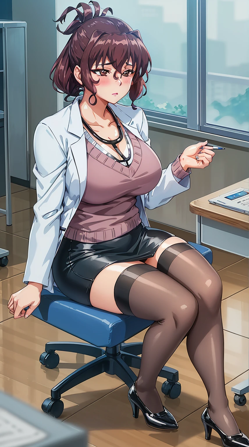 (beautiful hands:1.2), (masterpiece, highest quality:1.3), Aiko Katsuragi, mature woman, (full body shot:1.05), mature woman, (crooked:0.9), 1 girl, anime face, sitting in a chair, doctor, white clothes, Stethoscope, short pencil skirt, (Thighhighs:1.05), high heels, compensate, big breasts, lipstick, brown eyes, folded ponytail, brown hair, cleavage, perfect body, (sports body:1.1), perfect eyes, anime eyes, smoky eyeliner, eye shadow, perfect face, caring face, glance, blush, High sharpness, sharp focus, Medical office, professional artwork, intricate details, Bright colors, diffused lighting, digital blending, Super detailed body, ultra detail hair, super detailed face, It&#39;s trending on pixiv