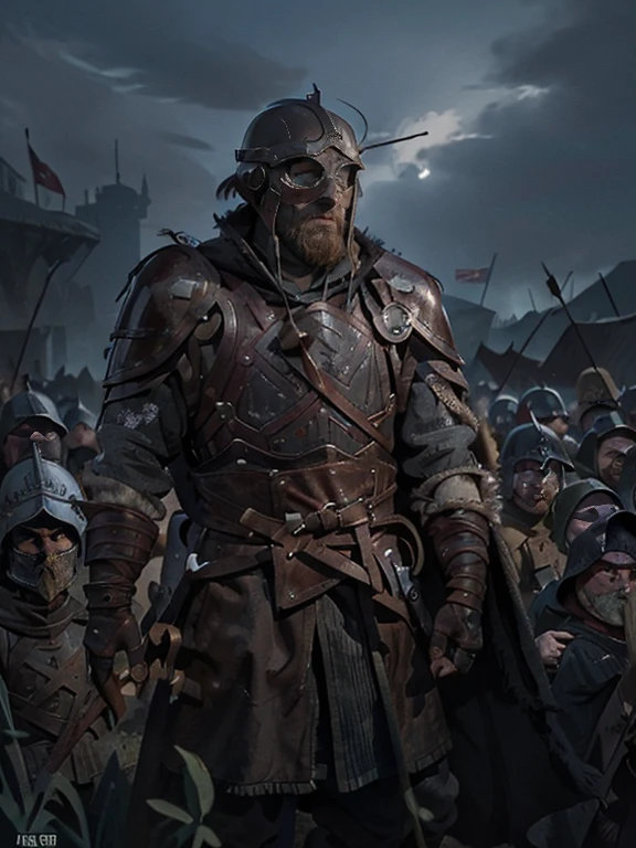Cartoon style pictures ,(European men),midnight,Overall black tone, Characters take up one fifth,Create dystopian masterpieces, Game of Thrones movie scenes, The whole character is dressed in Game of Thrones style, Rugged full body armor and cloak, The background is the medieval manor farmland,river,farmer,(Face covering,Can't see the face,Face in the shadows,Wearing a helmet without showing the face,Strong man, strong, shabby), ((Turn your back to the audience)), Photos taken from a distance,