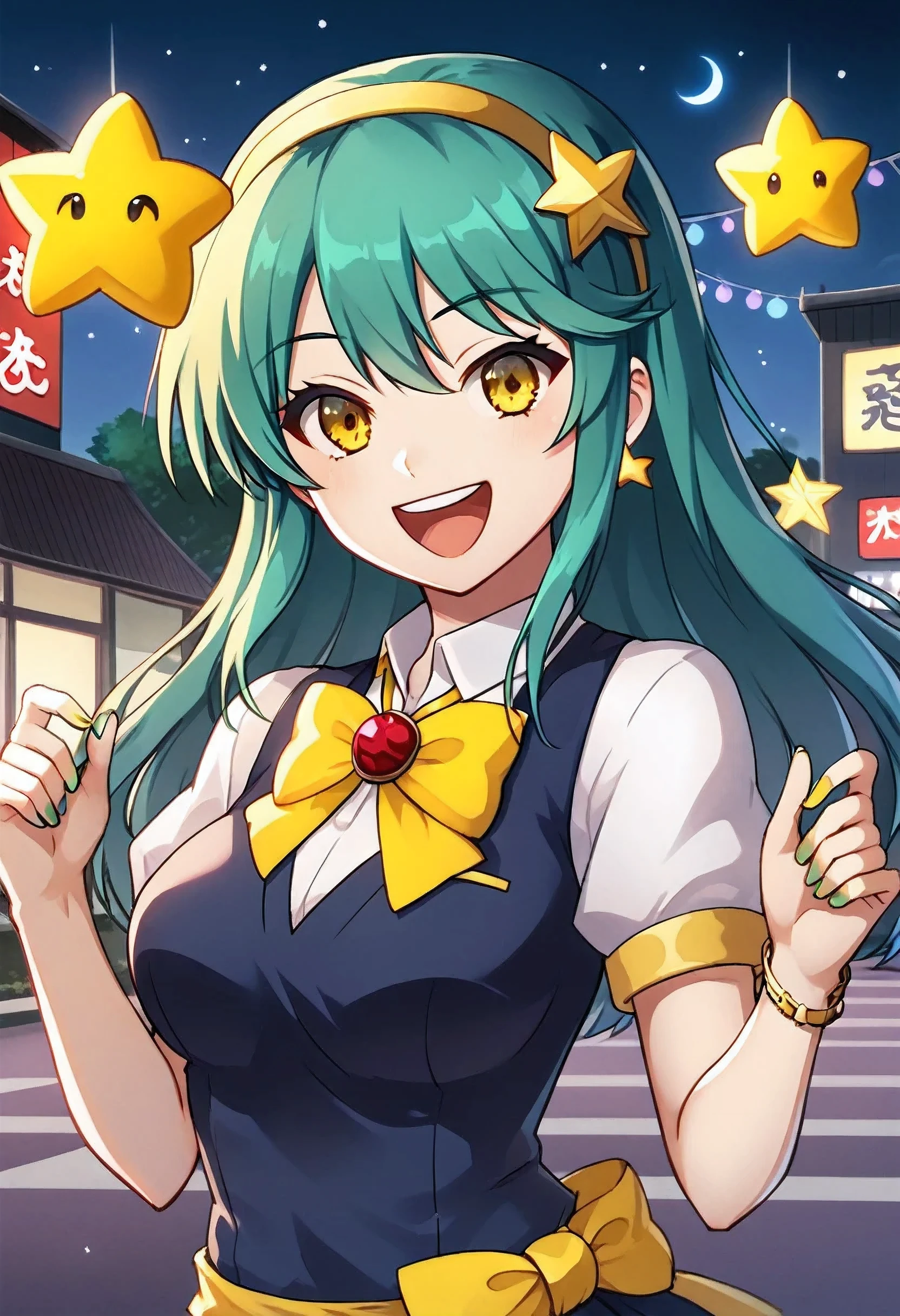 Girl with long dark turquoise hair, yellow eyes, yellow happy star pin in her hair, ((background: Tokyo at night))