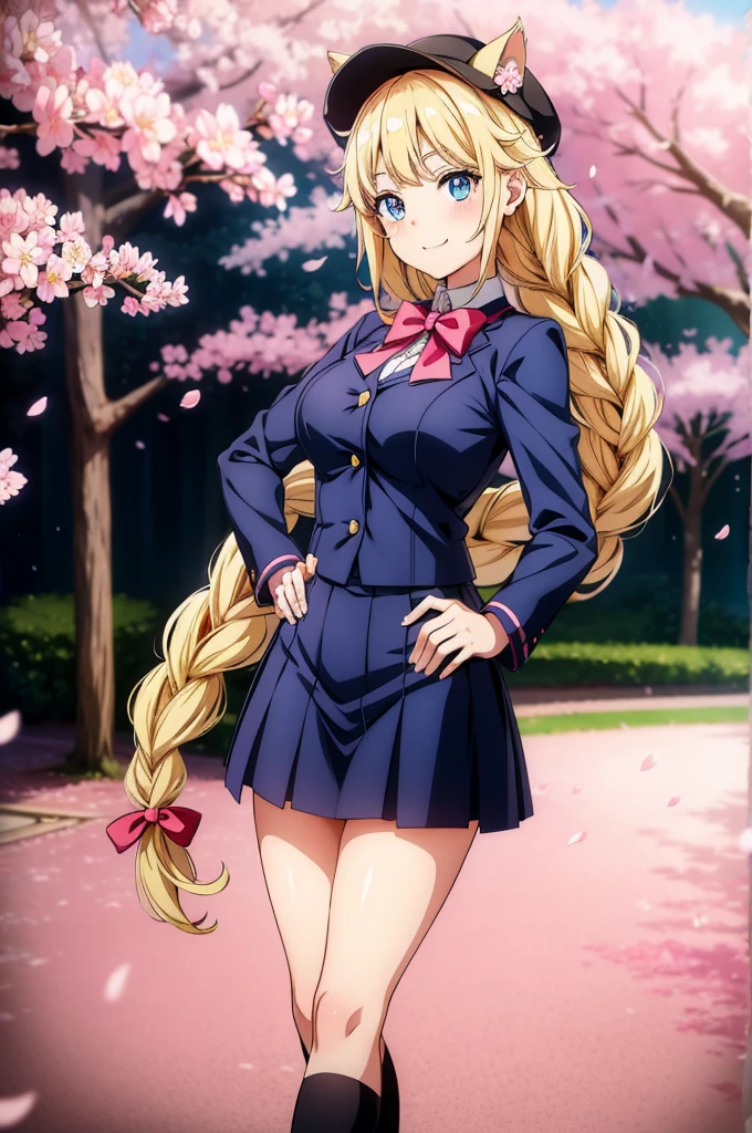 a pretty anime cat girl with uniform and some flowers standing somewhere?, 1girl, solo, braid, blue eyes, cherry blossoms, long hair, animal ears, blonde hair, hat, hand on hip, smile, breasts, petals, looking at viewer