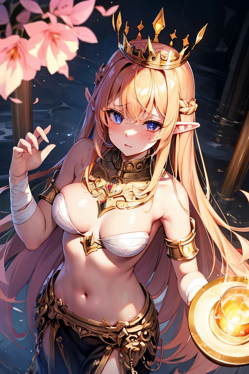 slaved high elf nude, masterpieces, 16k, Hyper detail, scale up, orgasm, blush, naughty face, corruption tattoo, chain on body, plant tentacle surrounded, bandages on chest, golden hair, bright gold perfect pupil detailed, not adult, cry, tear, panic face, trembling, hard nipple, royal toy, original character, crown of light, idol, RAW, POV, sexy, seduce