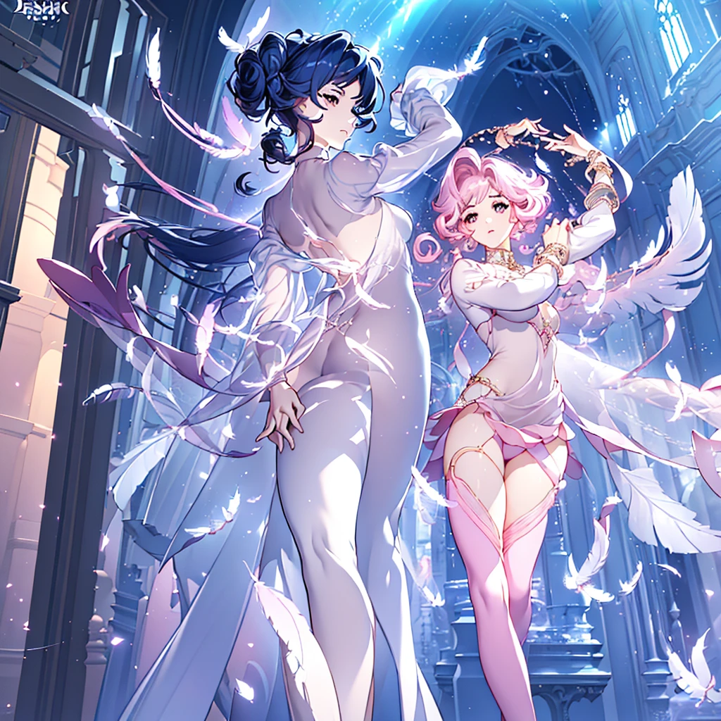((Masterpiece: 1.5, best quality, high resolution: 1.3, super resolution, super detailed, ultra detailed: 1.3, rich background: 1.2, Perfect Anatomy:1.5, 1 woman) pale skin +navy blue hair + Short curly hair locks long, French bangs + light pink eyes + feminine figure + medium chest + small waist + wide hips (intricate body, long semi-transparent stockings, feathers, delicate wide sleeves, long transparent fabric skirt, minimal jewelry) (( smile, lonely ballet pose, dramatic lighting, elegant street)) (( pastel colors palette, light blue, light pink,))