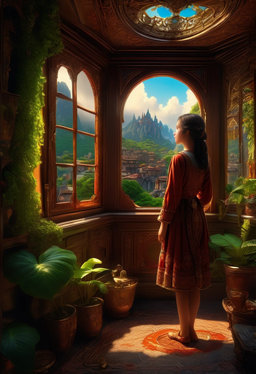 1girl, The View Outside the Window, The view through a window to a magical world, Epic cinematic brilliant stunning intricate meticulously detailed dramatic atmospheric maximalist digital matte painting . masterpiece, best quality, very aesthetic, absurdres, aesthetic