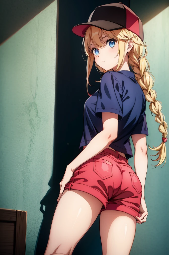 a girl with long hair and beatiful legs is posing in red shorts and shirt, 1girl, shorts, braid, ass, long hair, solo, pink shorts, blonde hair, hat, baseball cap, blue eyes, twin braids, looking back, looking at viewer, breasts, short sleeves, shirt, black headwear, short shorts, shadow