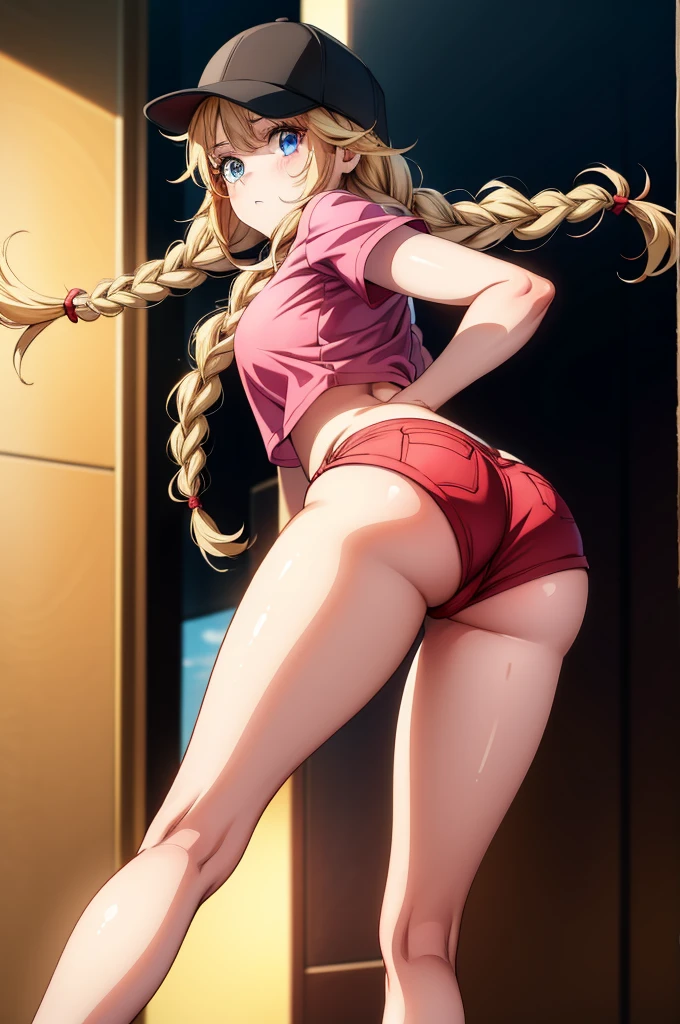 a girl with long hair and beatiful legs is posing in red shorts and shirt, 1girl, shorts, braid, ass, long hair, solo, pink shorts, blonde hair, hat, baseball cap, blue eyes, twin braids, looking back, looking at viewer, breasts, short sleeves, shirt, black headwear, short shorts, shadow