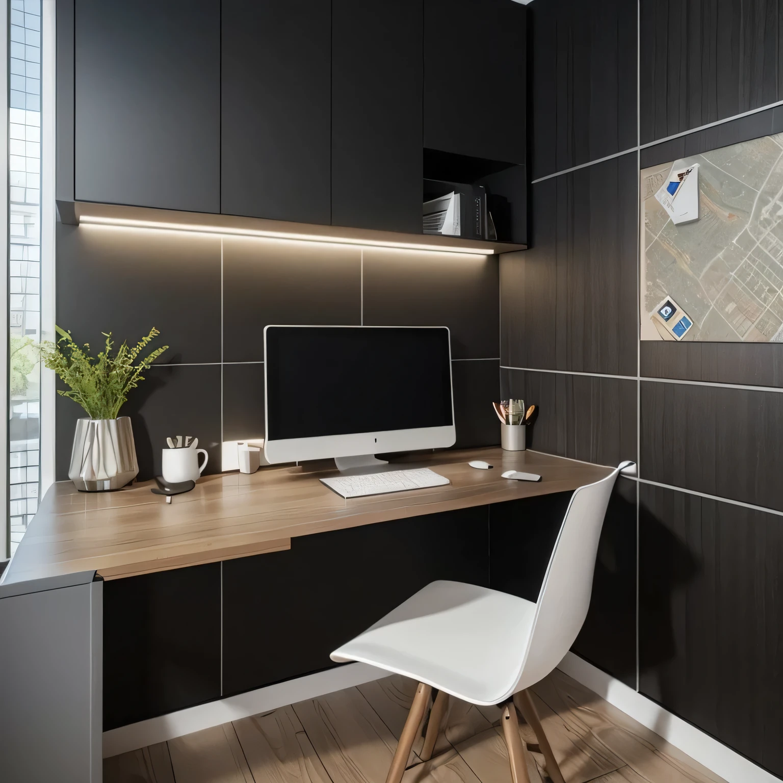 there is a computer desk with a monitor and a chair, home office interior, home office, minimalist home office, archviz, vray 8k render, rendered in v-ray, rendered in vray, detailed archviz render, 8k vray render, professional render, v - ray render 8 k uhd, render in vray