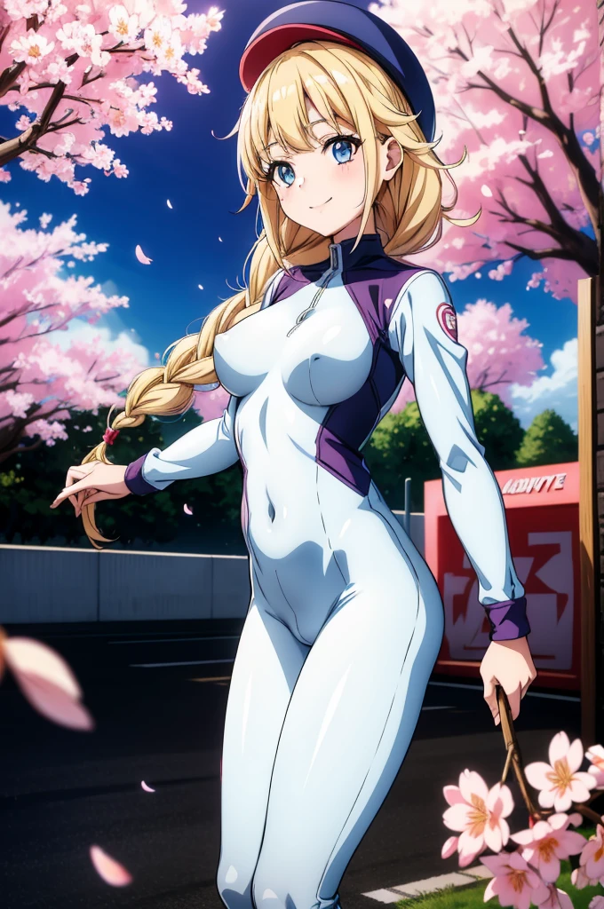 an anime girl in a sexy costume poses next to a race track, 1girl, braid, blue eyes, outdoors, blonde hair, long hair, breasts, solo, cherry blossoms, looking at viewer, day, smile, hat, covered navel, long sleeves, bangs, bodysuit, cowboy shot, petals, blue sky