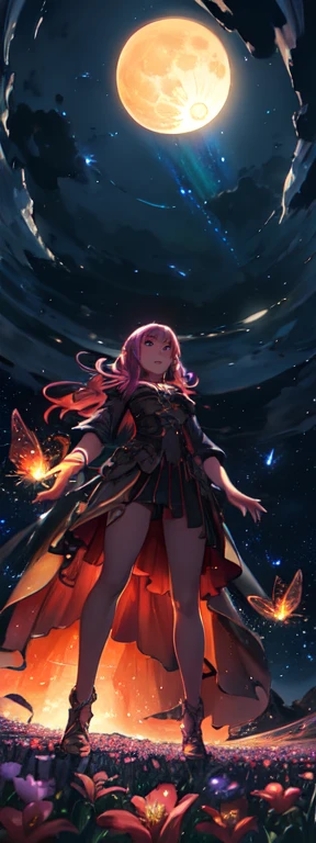 wide々landscape photography , (View from below showing the sky above and open fields below), A girl standing in a flower field and looking up, (full moon:1.2), ( shooting star:0.9), (nebula:1.3), distant mountain, Tree BREAK production art, (warm light source:1.2), (fire Fly:1.2), lamp, lots of purple and orange, intricate details, volume lighting, Realism BREAK
(masterpiece:1.2), (highest quality), 4k, Super detailed, (dynamic composition:1.4), very detailed, colorful details,( rainbow colors:1.2), (shining lighting, atmosphere lighting), dream-like, Magic, (alone:1.2)