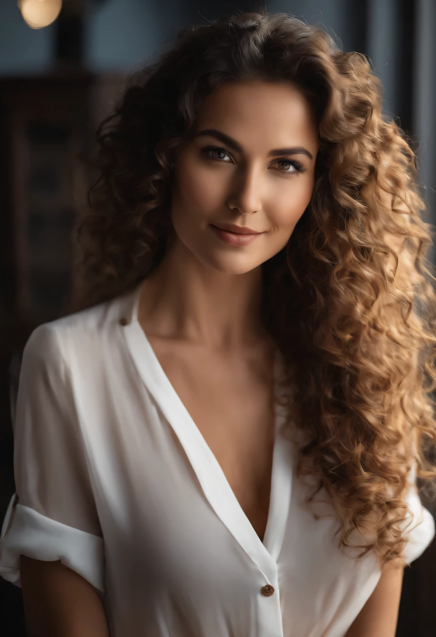 1 mulher branca((retrato da imagem da parte superior do corpo, expression of joy, Pele branca, Dress in office clothes, with long black dress pants and white dress shirt, standing) with long cabelo encaracolado, cabelo preto, seu rosto emoldurado por cachos, cabelo encaracolado, cabelo encaracolado and Olhos orientais black eyes, Olhos orientais, Olhos orientais masterpiece, Melhor qualidade, ultra-detalhado, Sozinho, na sala de estar, (dia), (tom quente, tom legal: 1.2) cinematic light, Ultra high resolution, CRU