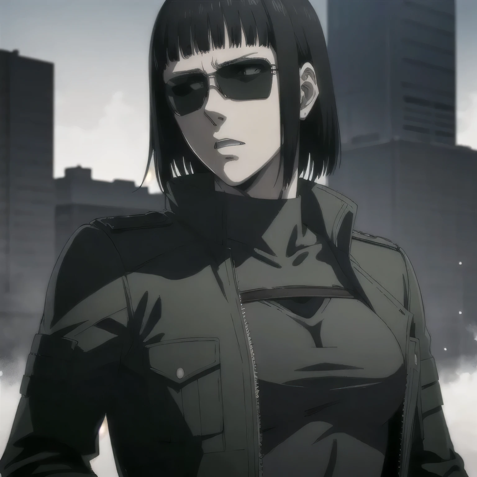 (best quality,ultra-detailed,realistic:1.37), , badass girl Sunglasses wearing Undershirt with leather jacket,, full review of the female character's face and body, intense expression, strong and confident posture, studio lighting, vivid colors, physiologically-based rendering, grungy texture, rugged background, dust particles in the air, commanding presence, professional, powerful, gritty aesthetics,,Valmet،short hair,with her girlfriend 