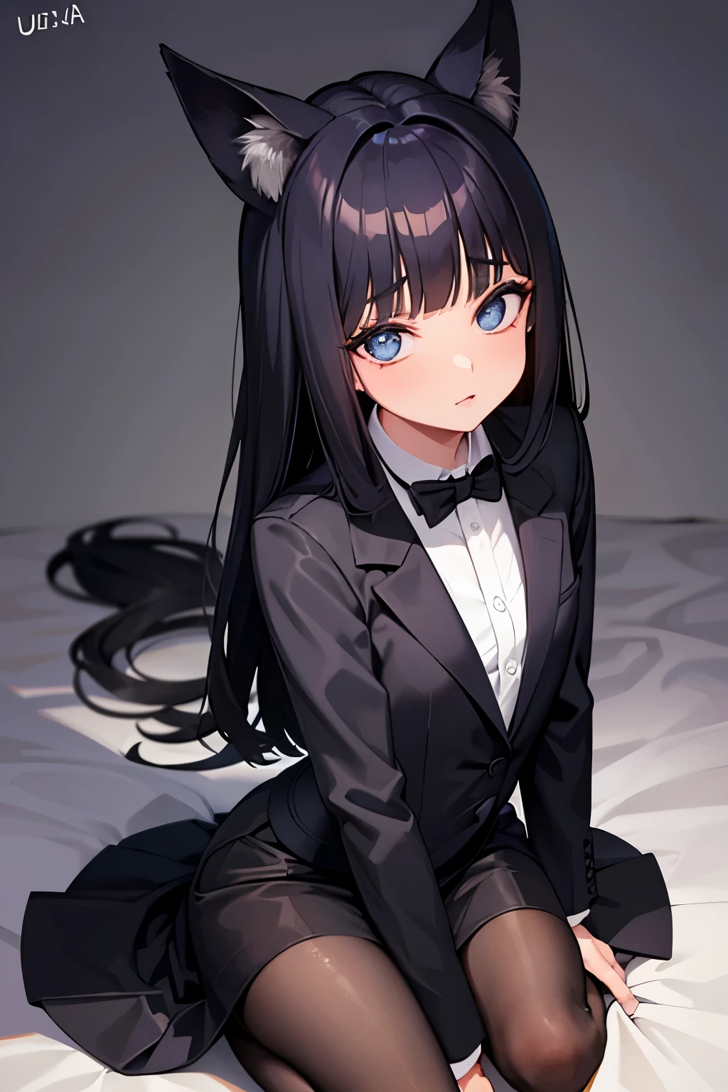 garota fofa, olhos pretos escuros, cabelo preto, orelhas de raposa, rabo de raposa, usando roupa formal. olhar serio, pousando para a tela