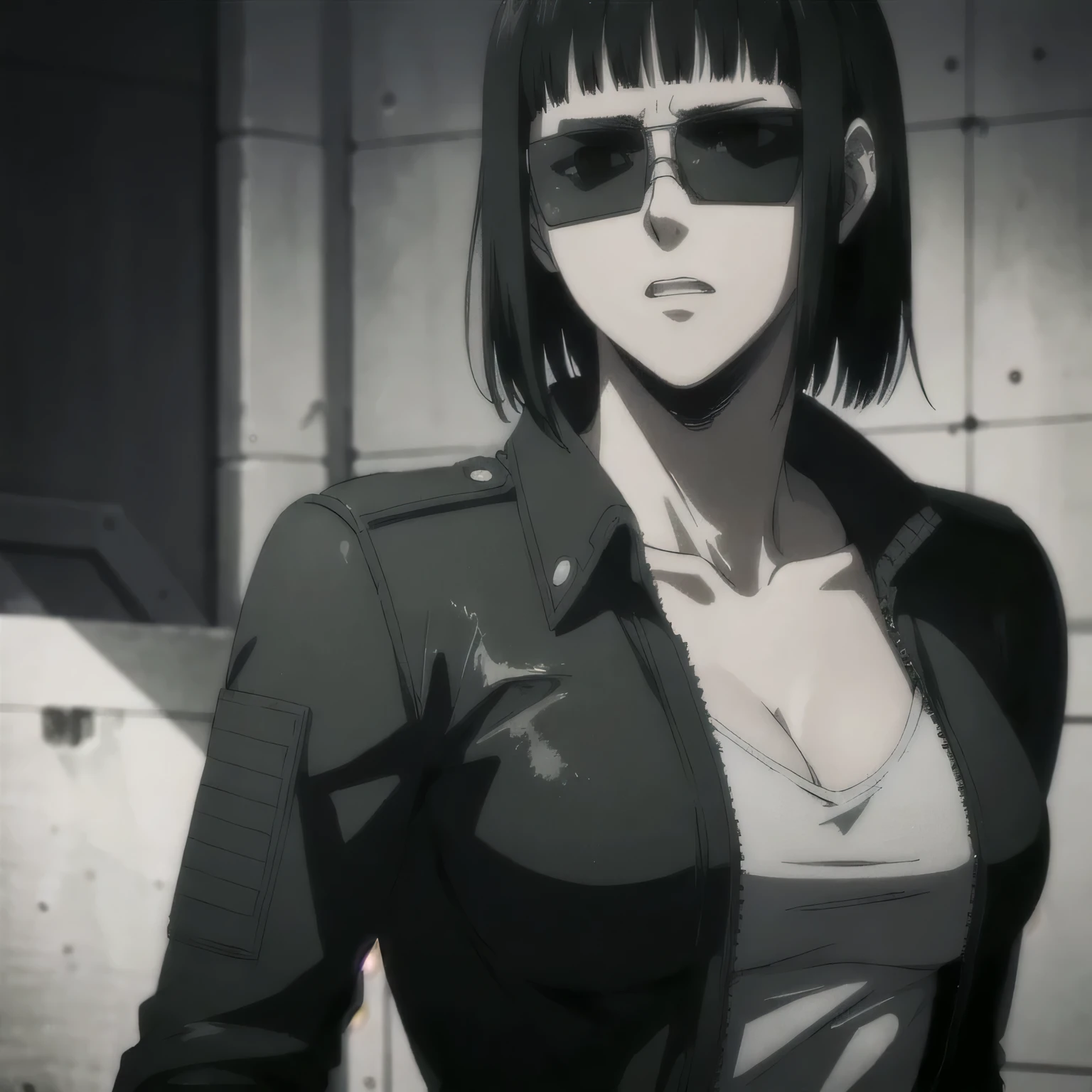 (best quality,ultra-detailed,realistic:1.37), , badass girl Sunglasses wearing Undershirt with leather jacket,, full review of the female character's face and body, intense expression, strong and confident posture, studio lighting, vivid colors, physiologically-based rendering, grungy texture, rugged background, dust particles in the air, commanding presence, professional, powerful, gritty aesthetics,,Valmet،short hair,with her girlfriend 