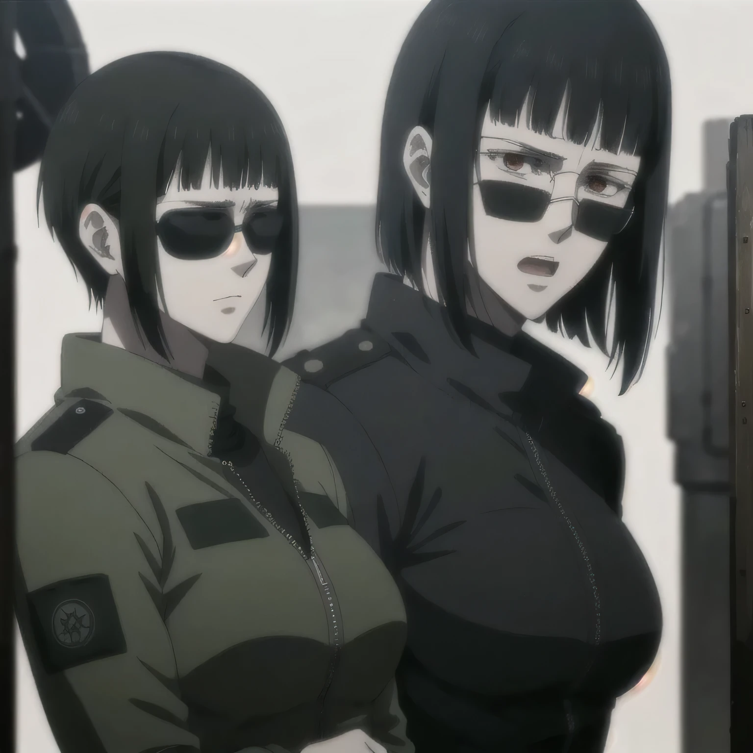 (best quality,ultra-detailed,realistic:1.37), , badass girl Sunglasses wearing Undershirt with leather jacket,, full review of the female character's face and body, intense expression, strong and confident posture, studio lighting, vivid colors, physiologically-based rendering, grungy texture, rugged background, dust particles in the air, commanding presence, professional, powerful, gritty aesthetics,,Valmet،short hair,with her girlfriend 