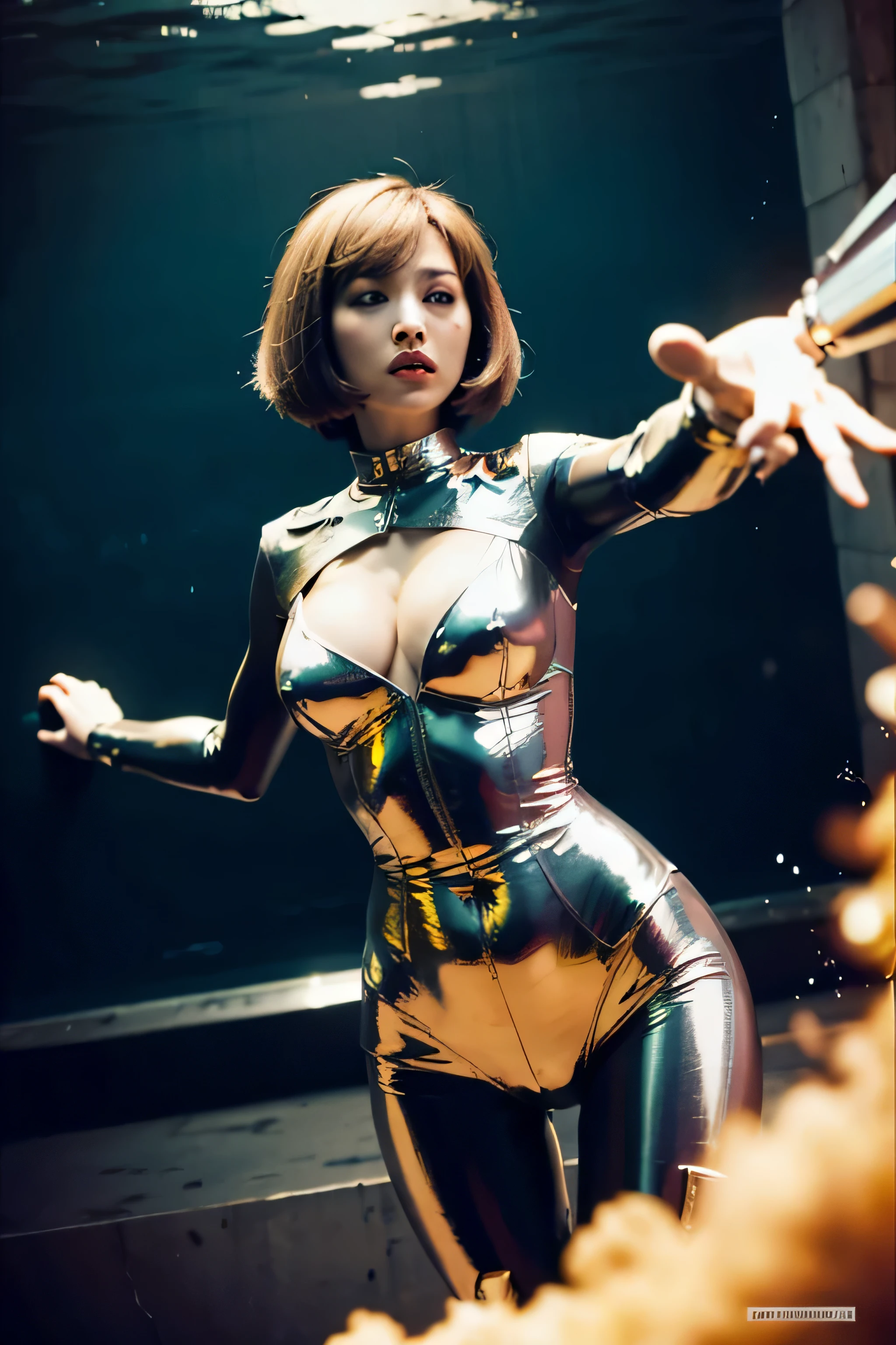 Woman with bob cut wearing chrome bodysuit floating and aiming gun