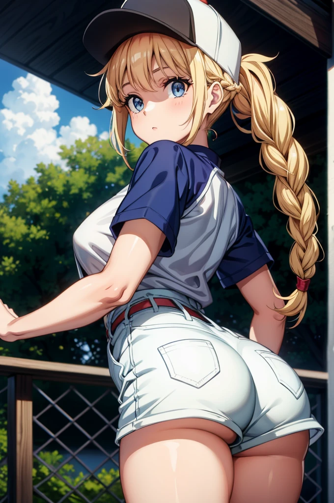 a sexy woman in white panties holding a baseball ball and a baseball glove, 1girl, shorts, blonde hair, hat, blue eyes, braid, solo, ass, baseball cap, shirt, breasts, twin braids, long hair, white shirt, short sleeves, looking at viewer, thighs, red shorts, short shorts, large breasts, black headwear, holding, looking back