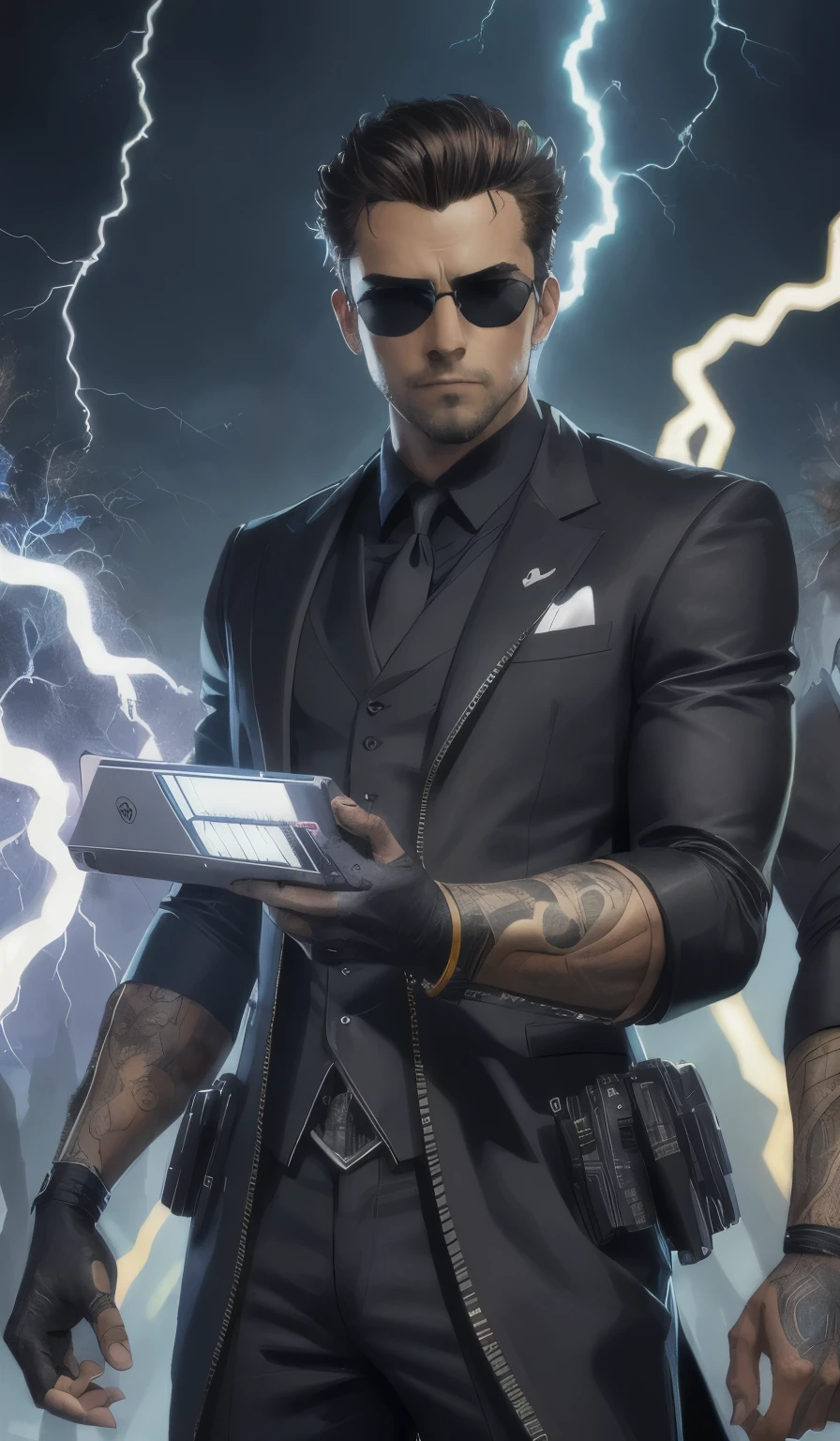 retrato de conceito de personagem, symmetric front centered, Young man with black sunglasses, terno preto formal.coding on pc , detalhado, alta qualidade, dynamic lightning, Fantasia, Scenario. arte de artgerm, uau, Alex Ross, Greg Rutknowski, Alphonse Mucha
