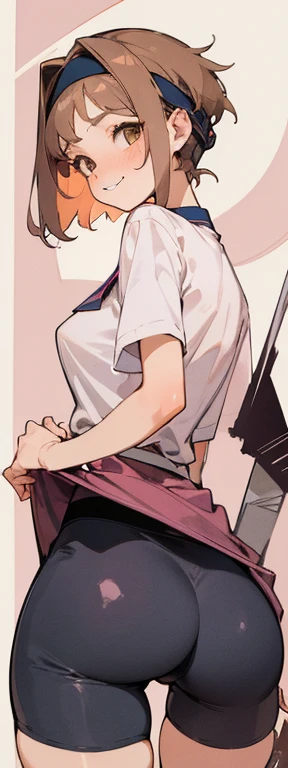 young girl, TOMBOY, , with short, bristly and pointed hair, light brown, with a black headband, sharp, light brown eyes, small nose, rosy cheeks, thin lips, angular face, He has an expression of surprise and mischief, smiling, quite provocative, he is wearing a shirt, light pink in color, with short rolled-up sleeves and a high pointed collar, he is wearing a fuchsia-colored square skirt, and underneath he has tight leggings shorts Dark blue, reflective and sexy. She is on her back, lifting her Fuchsia skirt with her left hand, showing her tight leggings that completely reveal the shape of her butt. She has medium breasts, small hips, a round and soft butt, long legs, soft thighs and delicate arms.
(very high quality image),(super detailed face),(beautiful face),(super detailed face),(cinematic lights),(FULL HD),(8K),(NSFW).