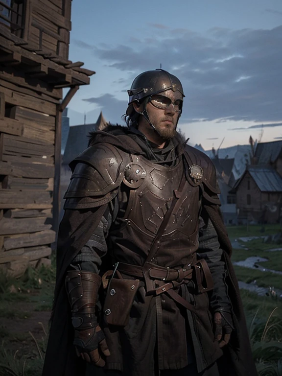 Cartoon style pictures ,(Europe),man,midnight,Overall black tone, Characters take up one fifth,Create dystopian masterpieces, Game of Thrones movie scenes, The whole character is dressed in Game of Thrones style, Rugged full body armor and cloak, The background is the medieval manor farmland,river,farmer,(Face covering,Can't see the face,Face in the shadows,Wearing a helmet without showing the face,健壮的man, strong, shabby), ((Turn your back to the camera)), Photos taken from a distance,