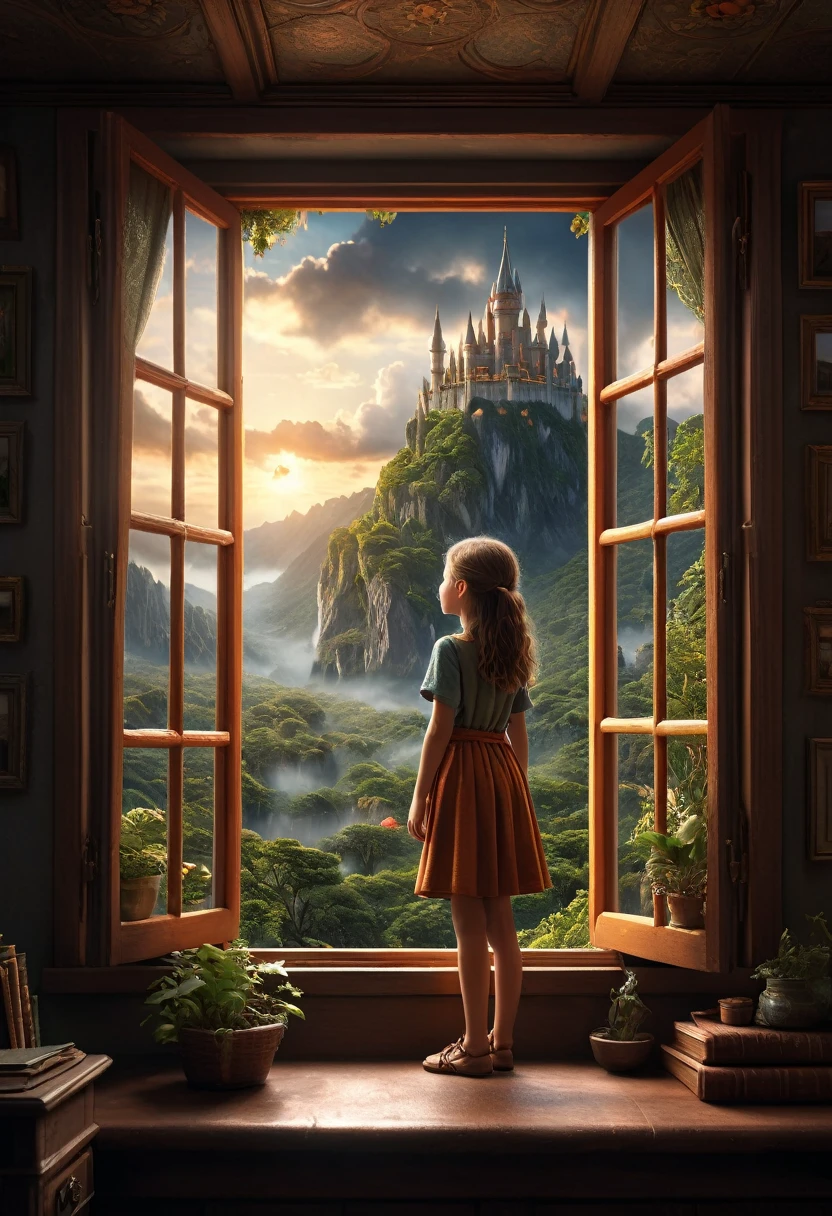 1girl, The View Outside the Window, The view through a window to a magical world, Epic cinematic brilliant stunning intricate meticulously detailed dramatic atmospheric maximalist digital matte painting . masterpiece, best quality, very aesthetic, absurdres, aesthetic