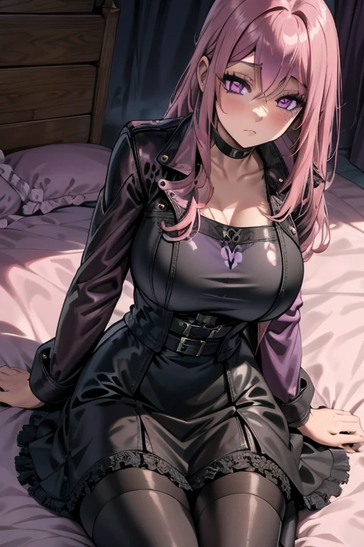A pink haired woman with violet eyes with an hourglass figure in a cool leather jacket and gothic lolita dress dress is writing on a bed