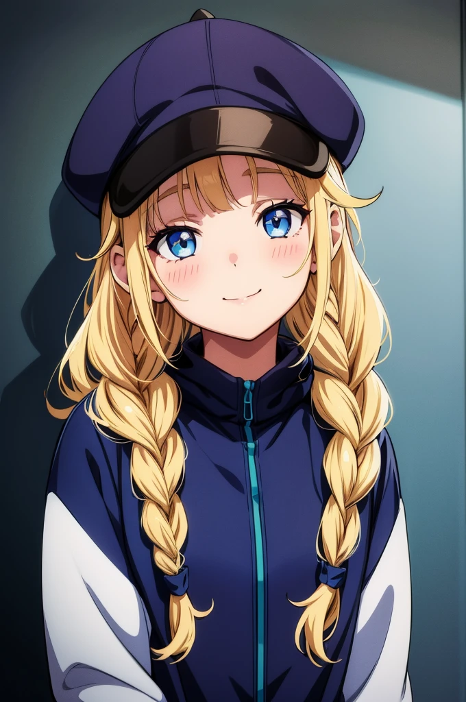 a digital drawing of a young girl with anime eyes and a blue cap, 1girl, solo, smile, blue eyes, braid, looking at viewer, twin braids, long hair, jacket, upper body, blonde hair, hat, closed mouth, blush, hood, bangs