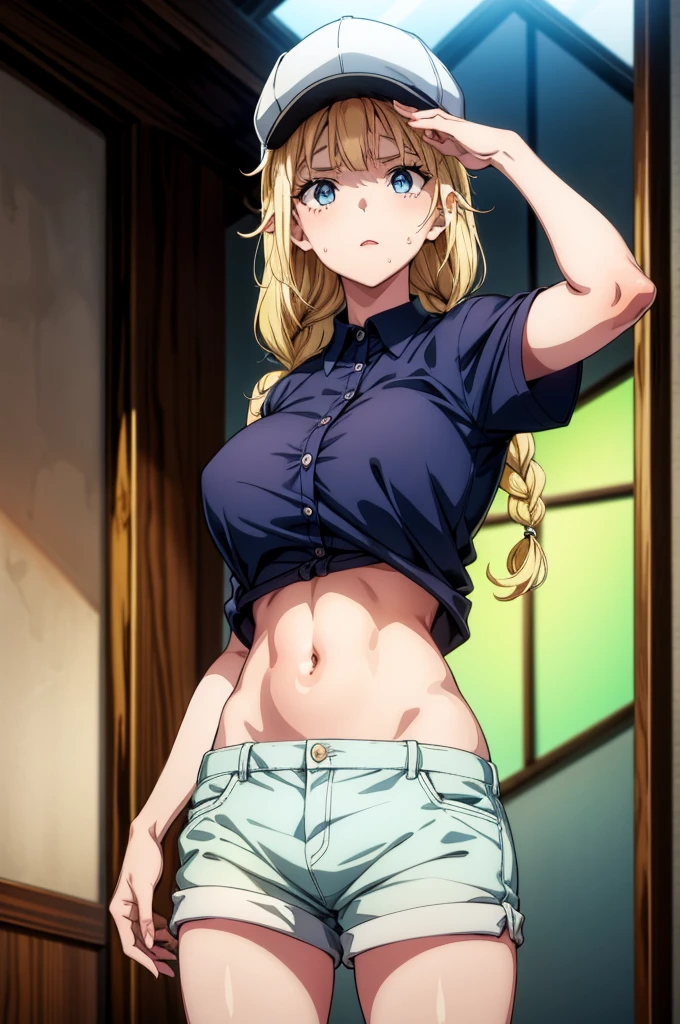 a female cartoon character has a black hat and some large breasts in underwire, 1girl, breasts, shorts, solo, bra, underwear, hat, black bra, blue eyes, navel, blonde hair, shirt lift, sweat, baseball cap, short shorts, twin braids, white shirt, braid, short sleeves, cleavage, clothes lift, shirt, looking at viewer, blush, stomach, open mouth, black headwear, collarbone, black shorts, cowboy shot, long hair, bangs, electric fan, indoors