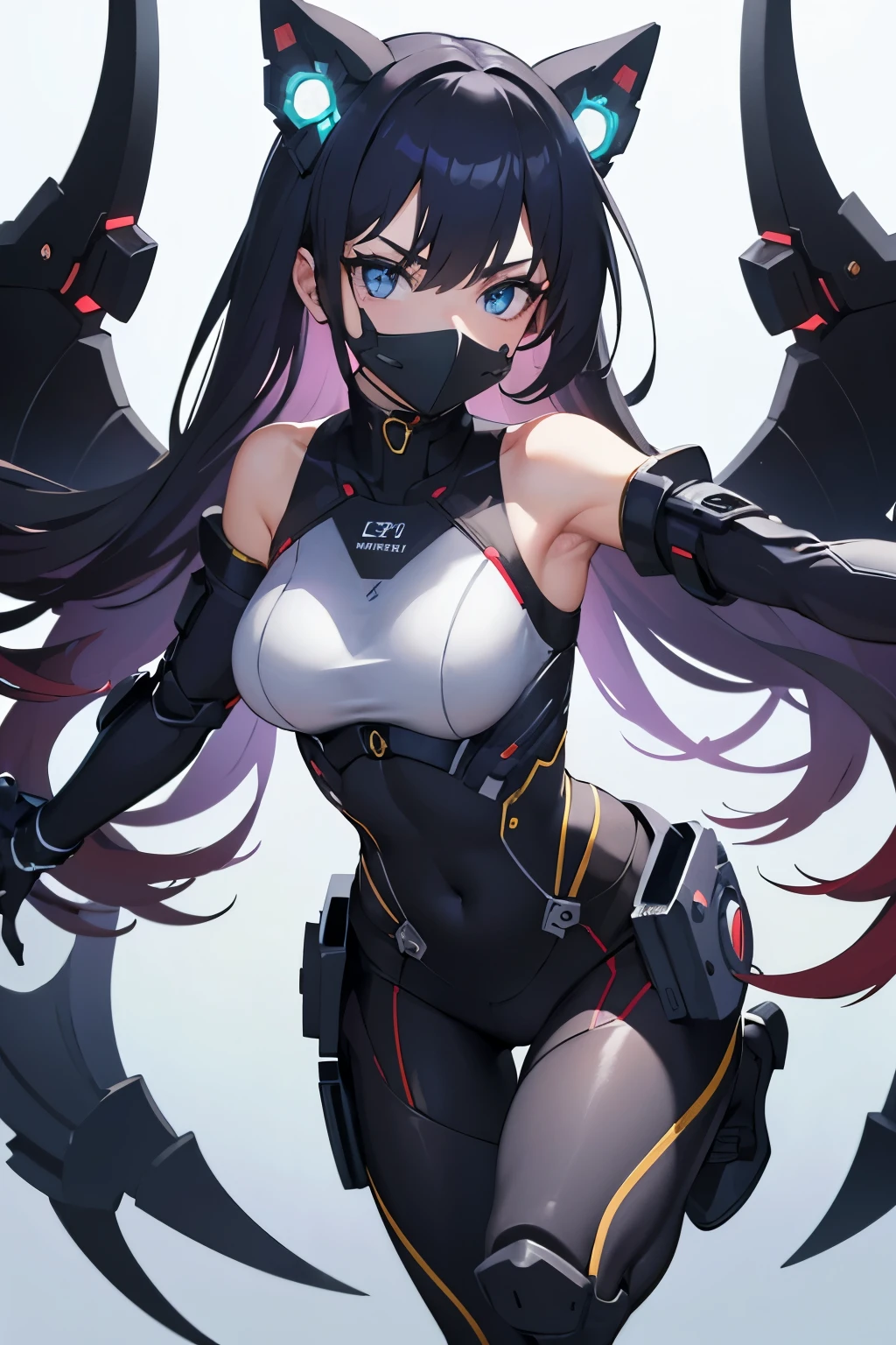 Girl(mechanical both arms)(twin tail)(in combat),put on mask(full face),8K,Ultra Detail,ultra-quality,ultra precision,ultimate masutepiece,No extra arms,No extra legs,No extra fingers,No extra hands,