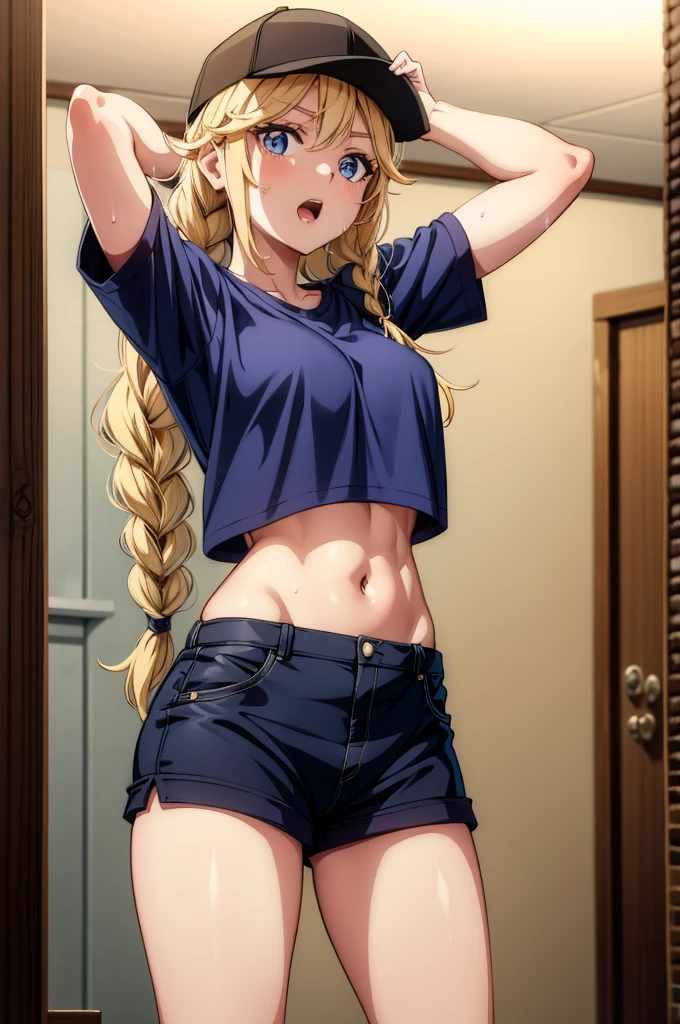 a picture of anime woman wearing baseball cap and shorts in room posing, 1girl, solo, shorts, blue eyes, navel, blonde hair, long hair, baseball cap, hat, braid, breasts, shirt, thighs, looking at viewer, sweat, twin braids, open mouth, short sleeves, arms up, indoors, crop top overhang, midriff, white shirt, black shorts, arms behind head