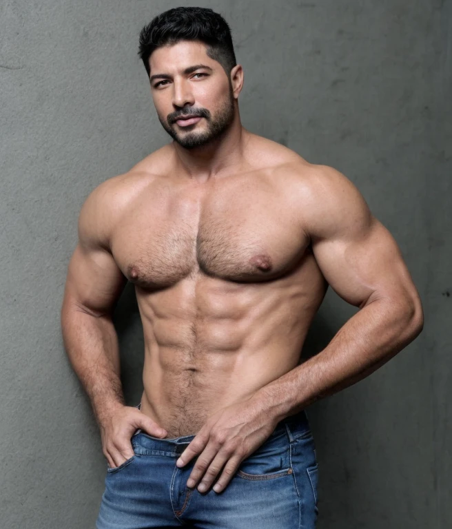  male, vaquero musculoso,  rostro realista, blanco, abundante cabello negro y corto, con barba corta y cejas pobladas. foto cuerpo completo con jeans. Chayanne.