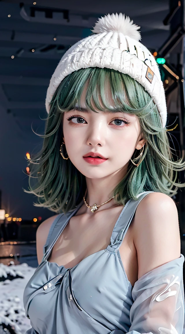 tatsumaki, green hair, perfect body, perfect breasts, wearing a beanie, wearing a winter jacket, wearing a duffle coat, carrying a bag, wearing a watch, wearing earrings, in public, creatures in Tokyo city, on the street, snow in road, it's snowing, looking at the viewer, a slight smile, realism, masterpiece, textured skin, super detail, high detail, high quality, best quality, 1080p, 16k