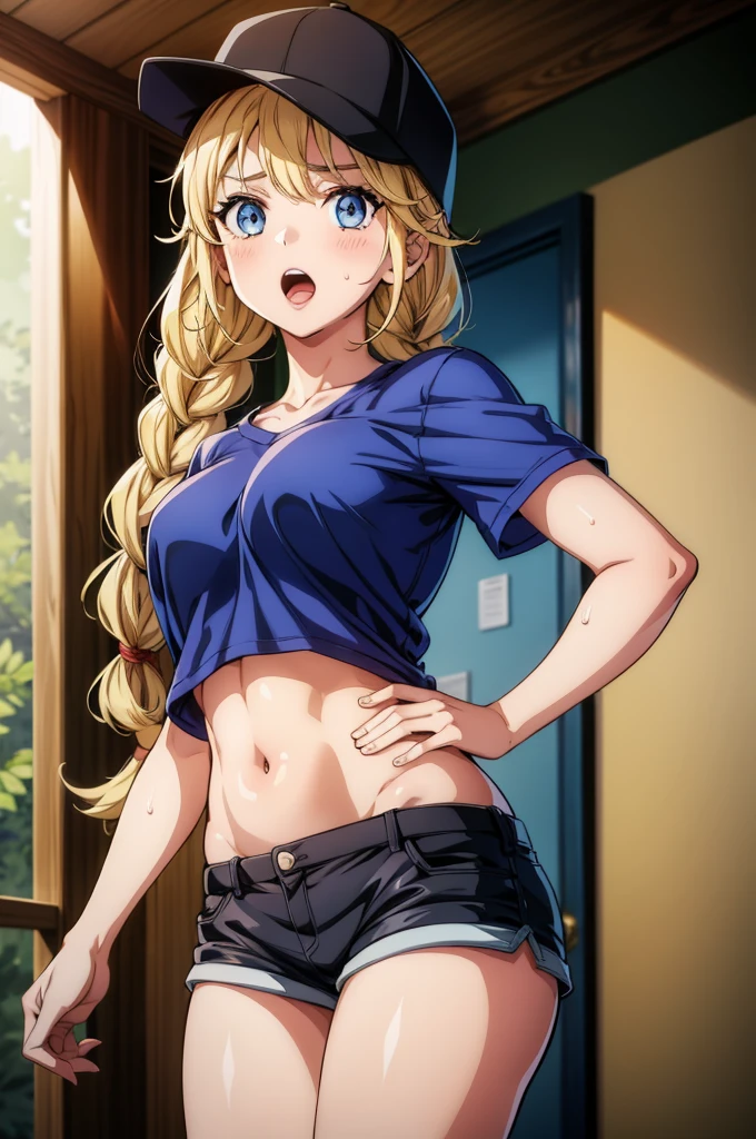 a hot woman drawing in a manga style comic book character with her free hand, 1girl, solo, navel, breasts, shorts, long hair, hat, braid, shirt, indoors, twin braids, blue eyes, blonde hair, open mouth, short sleeves, sweat, looking at viewer, stomach, midriff, cowboy shot, blue shirt, baseball cap, crop top, short shorts