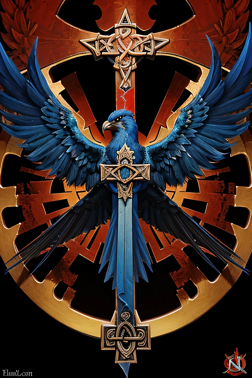 Blue flames Phoenix bird holding a Celtic cross over a bloody red background