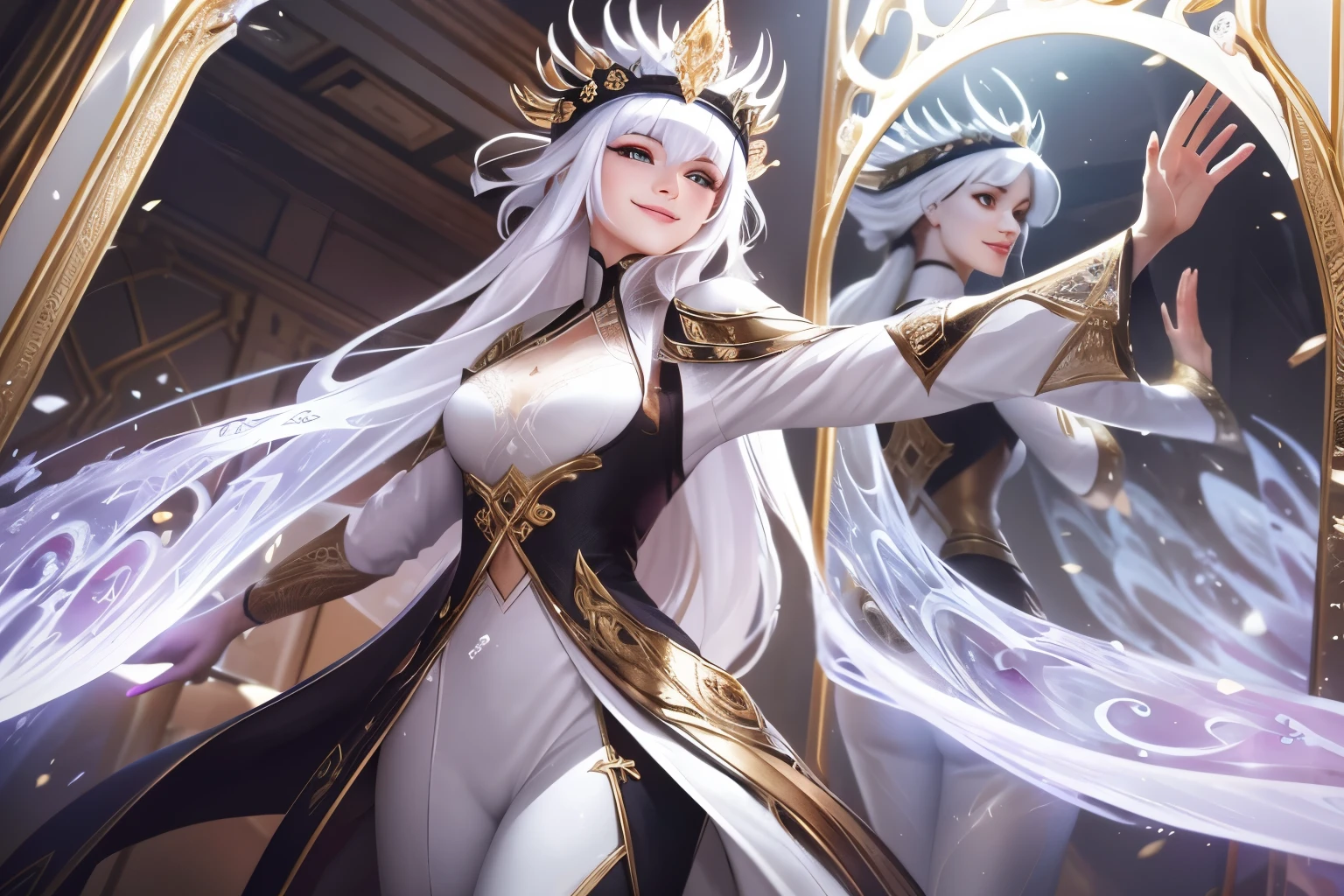 Dirt.,white shirt,(Spectral magic:1.2), League of Legends สแปลชอาร์ต, woman,Bangs,black pants,Red eyes,white hair,(madness:1.2),crystal,mask,darkness,smile,bottom view,gold,fish,victorian hat,Europe,Middle Ages,Marble,white magic,joy,luxurious,diamond,flower,full figure,(white fire magic:1.2),ruins,Comb your hair,Reflections,mirror,mirrorเเตก,ผลึกcrystal,white coat,dynasty,gold lace pattern