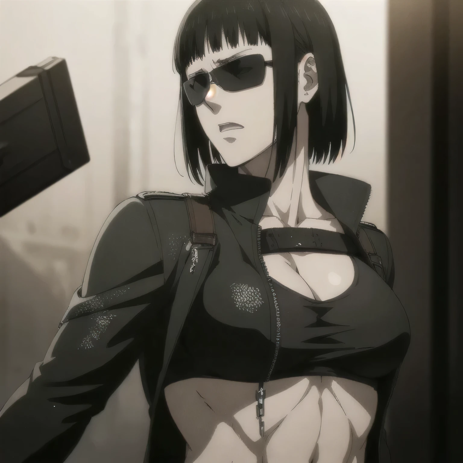 (best quality,ultra-detailed,realistic:1.37), , badass girl Sunglasses wearing bra under tank top with leather jacket,, full review of the female character's face and body, intense expression, strong and confident posture, studio lighting, vivid colors, physiologically-based rendering, grungy texture, rugged background, dust particles in the air, commanding presence, professional, powerful, gritty aesthetics,,Valmet،short hair